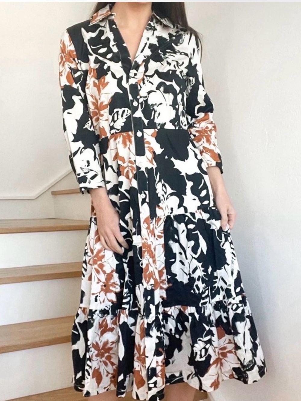 Soft Surroundings Moonglow Black White Tan Cotton Button Front Tea Midi Dress 14 - Picture 1 of 12